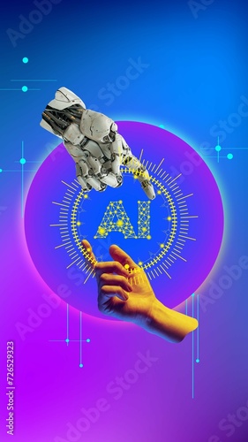 3D model of robotic hand and human hand touching fingers with AI icon against gradient neon background. Conceptual design. Automation systems. Concept of business  innovation  technology