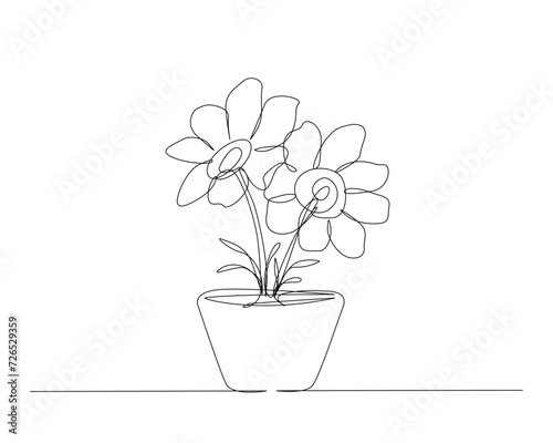 Fototapeta Naklejka Na Ścianę i Meble -  Continuous one line drawing of house plant in a pot. House plant or flower in a pot single outline vector illustration. Editable stroke.