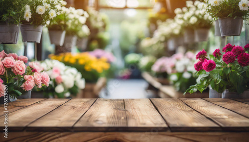 wooden table, empty and inviting, set against a vibrant, blurred flower shop backdrop - a versatile stock photo for diverse creative concepts