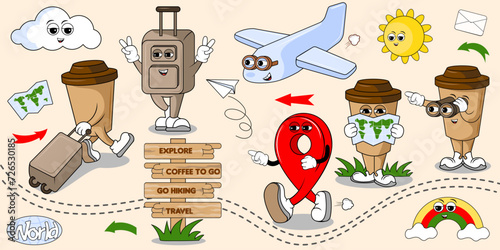  hand drawn set with traveling coffee, suitcase, airplane and red marker in retro groovy style. set for travel