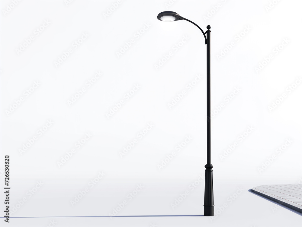 A solitary street light pole is shown on a blank white background A solitary street light pole is shown on a blank white background