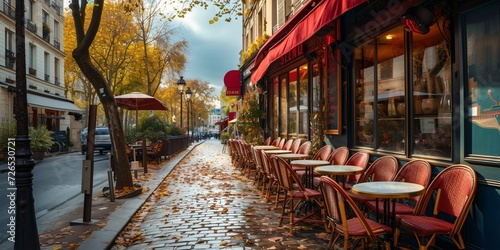 Classic Paris street scene featuring quaint cafe tables in the heart of France. photo