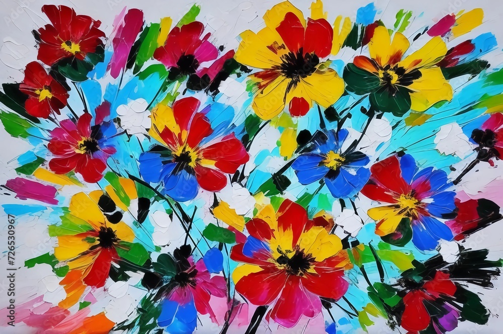 Acrylic flowers painting in canvas colorful decorative for wall art