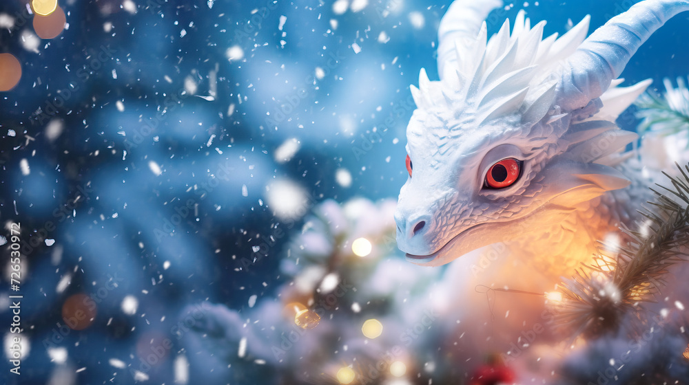 Obraz premium Banner with white dragon with bokeh winter snow background. Chinese New Year decoration close up of dancing dragon on festive background