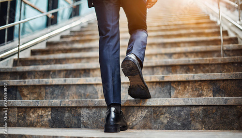 Businessman ascends infinite stairs, focusing on dark shoes and leg, symbolizing ambition, perseverance, and the relentless journey to success in a stock photo.
