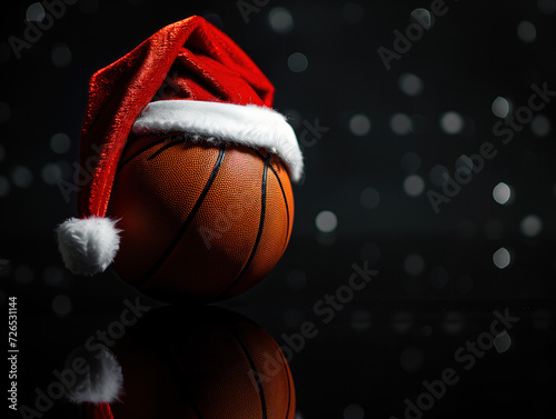 Festively adorned with a Santa hat, a basketball shines in a chic studio. Against a sleek black backdrop, it casts a captivating reflection.