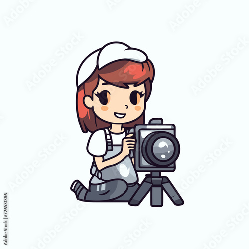 Cute maid holding camera. Vector illustration. Cleaning service.
