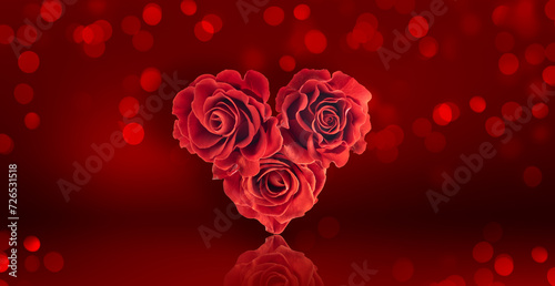 Valentine s Day card with roses bouquet in the shape of heart on a red background with glowing bokeh  wide banner.