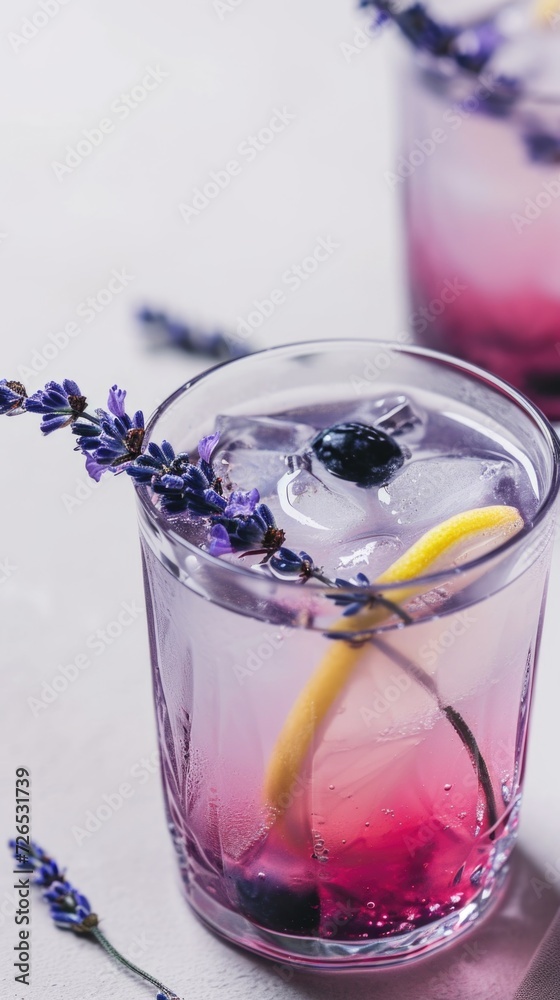 A purple drink with a lemon slice in it. A purple drink with a lemon slice in it.
