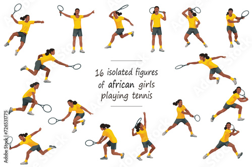 16 girl figures of dark-skinned women s tennis players in yellow T-shirts throwing  catching  hitting the ball  standing  jumping and running