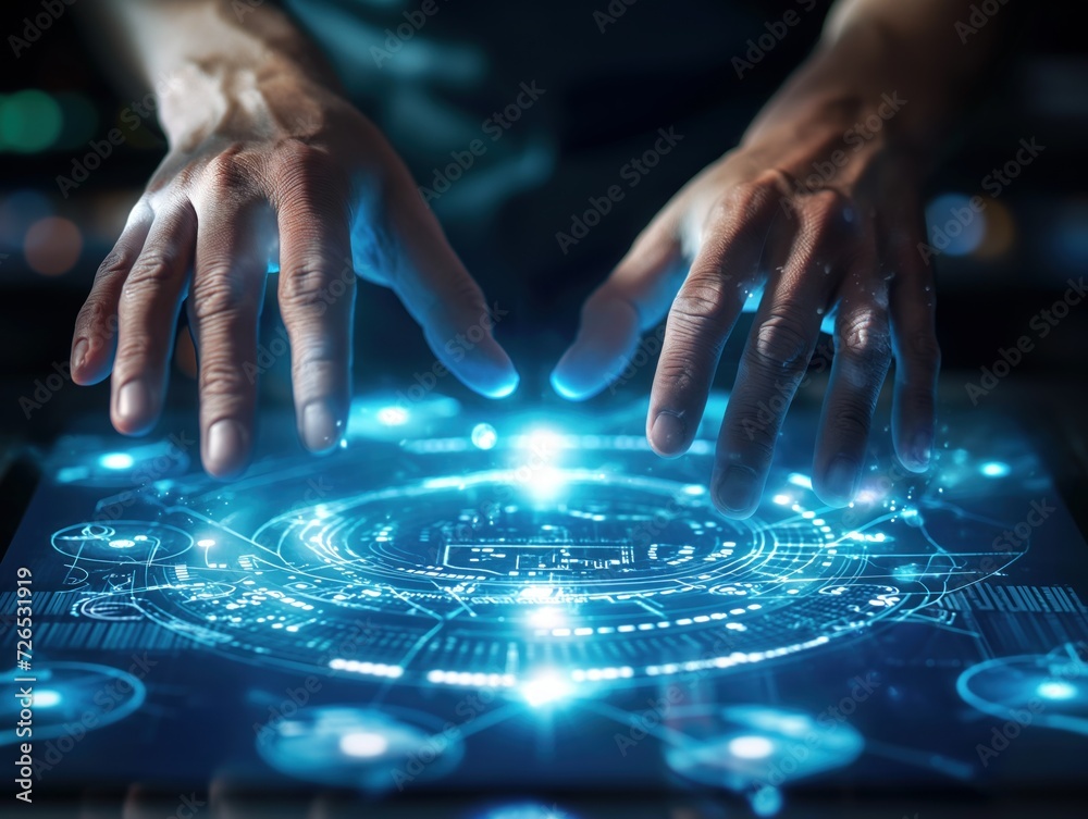 Close-up of a person's hands using a holographic interface for remote tasks