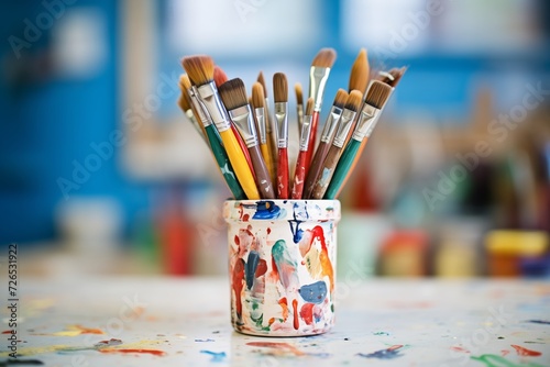 small ceramic pot filled with paint brushes