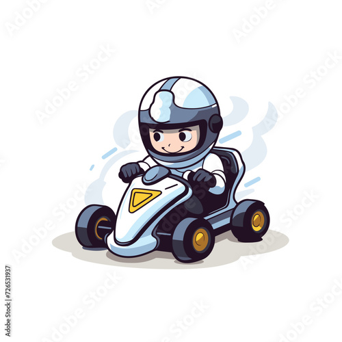 Cartoon boy driving a race car on white background. Vector illustration.
