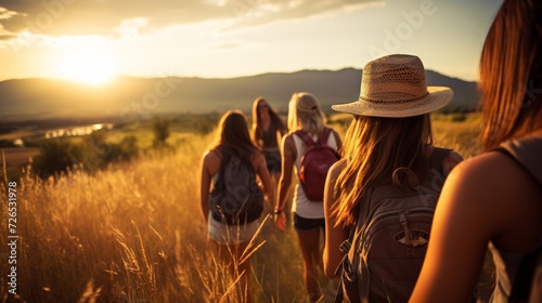 Lifestyle of young mature people 30s exercising trekking in national park walking up to mountain with flower glass field on the walking road, group of tourists outdoor activities, widow sunset light photo