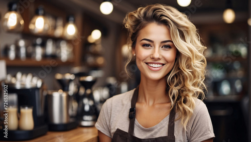 Charming ambiance of street café. Smiles coffee server on workplace. Coffee maker, espresso specialist, works hard to perfect each cup, creating atmosphere for patrons. Portrait of female barista