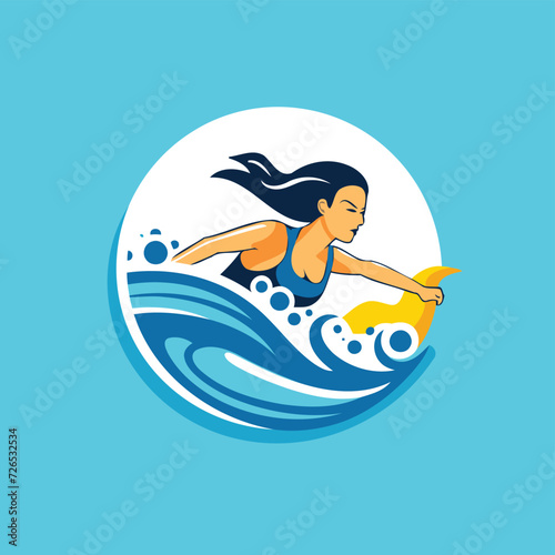 Surfer woman with a surfboard. Vector illustration in flat style
