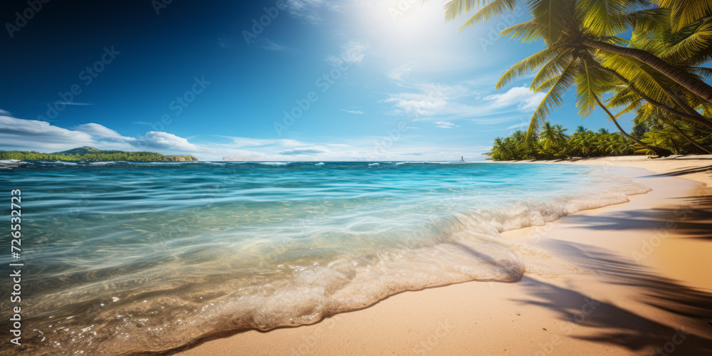 Tropical paradise beach with golden sand, lush palm trees, and clear blue ocean waters under a bright sun with a soft lens flare effect