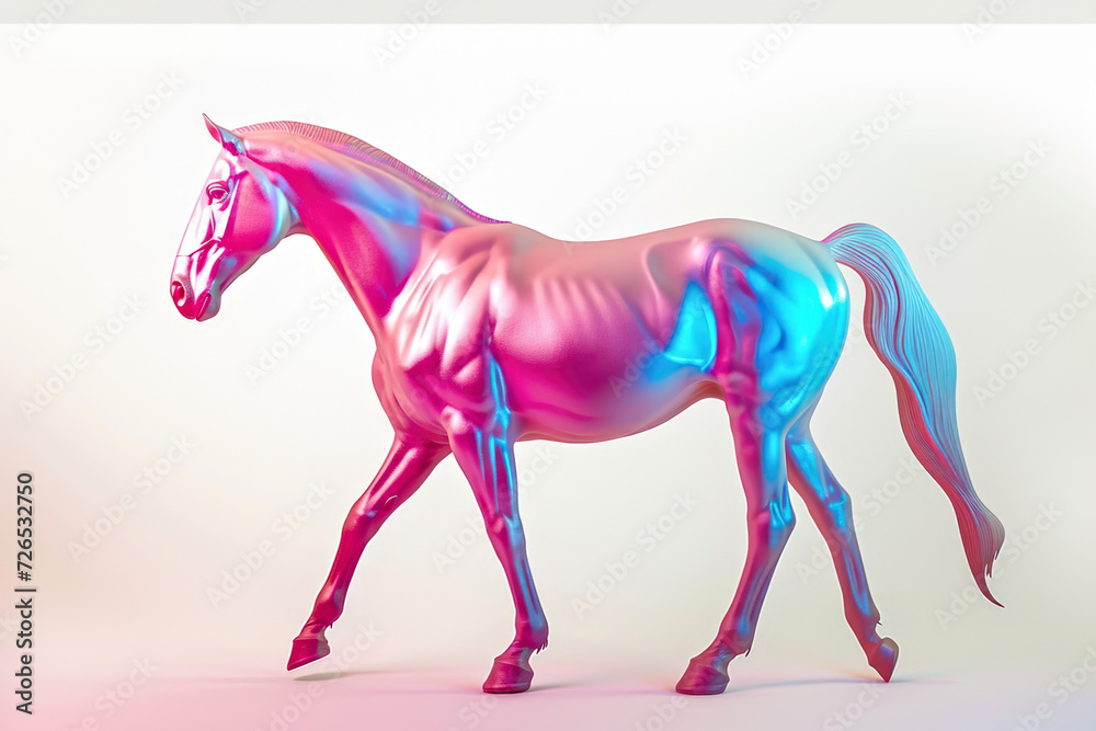 Obraz premium On a white surface, a poised horse in delightful shades of pink and blue