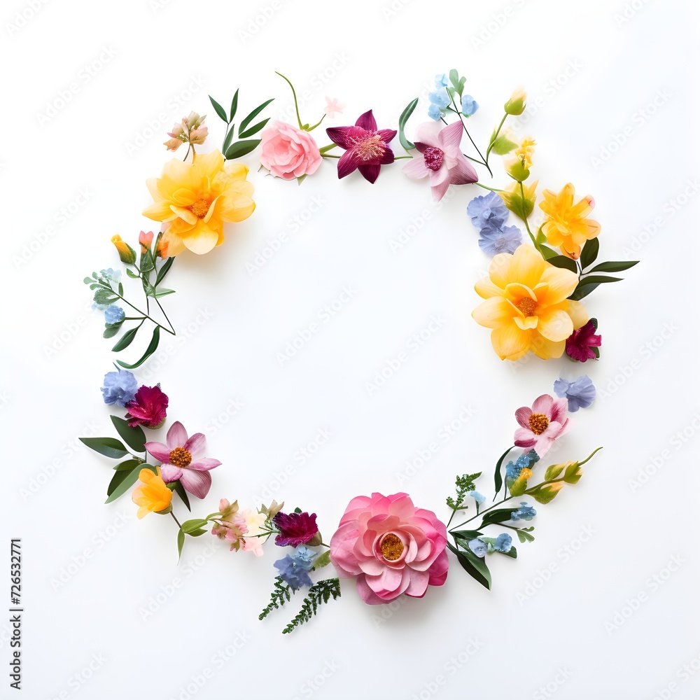 A wooden flower wreath with colorful flowers on it.