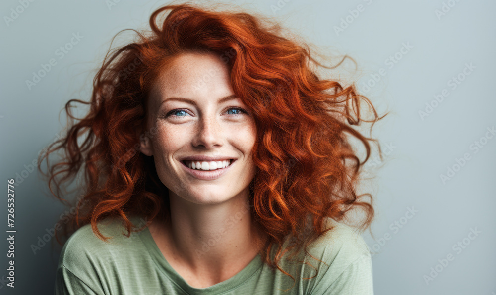 Joyful mature woman with curly red hair and radiant smile, wearing a green top against a light grey background Joyful mature woman with curly red hair and radiant smile, wearing a green top against a light grey background