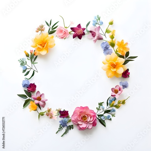 A wooden flower wreath with colorful flowers on it.