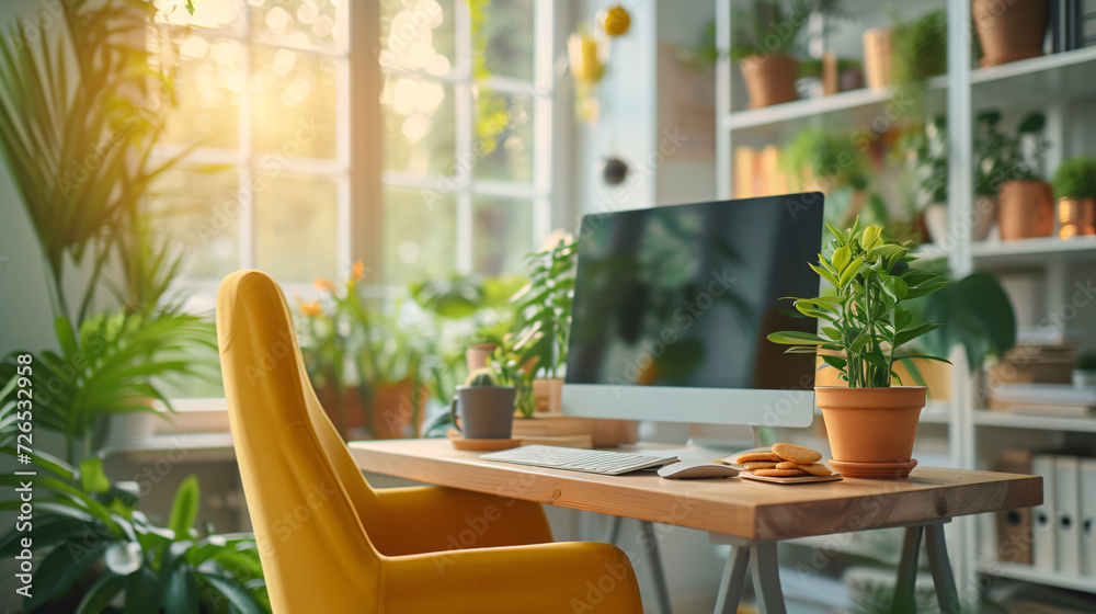 Fototapeta premium Home Office, flexibility of working from home and cute succulents.