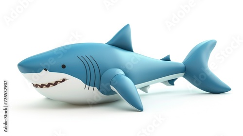 A blue and white shark toy on a white surface. Funny cute inflatable toy on white background.