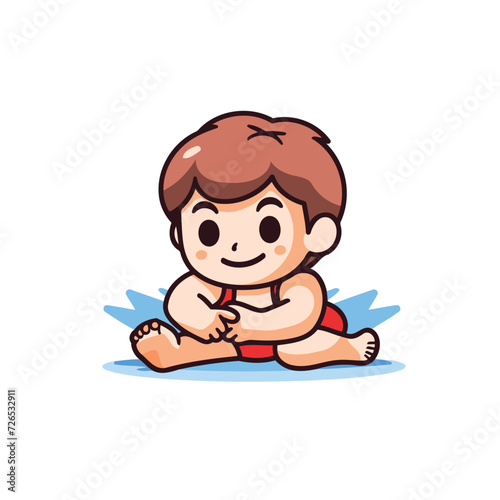 Cute little boy in red swimsuit sitting on the floor. Vector illustration.