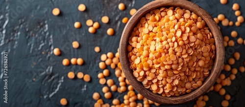 Top view of lentil grains, a vegetarian ingredient.