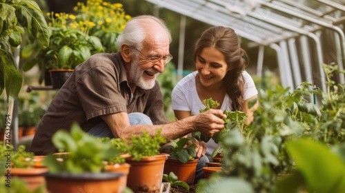 a woman and an older man are working together in a greenhouse