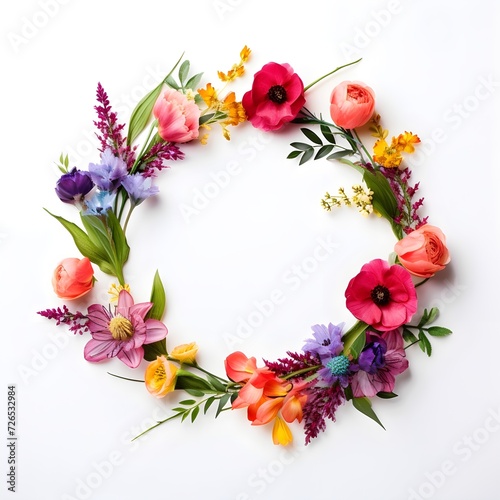 An arrangement of colorful flowers in a ring on a white background of white photo,