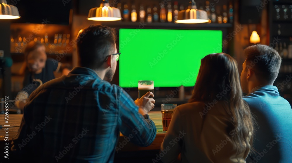 three men at a bar with a green screen and beer on tap, in the style of use of screen tones, - obrazy, fototapety, plakaty 