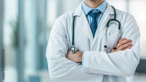 A confident healthcare professional stands, wearing a white coat and holding a stethoscope in hand,