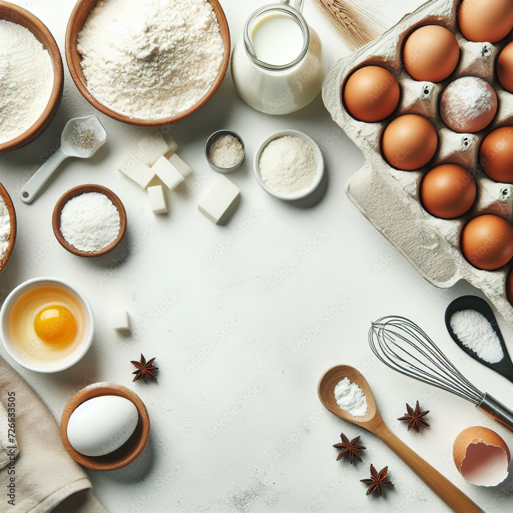 Baking ingredients at white table. Flour, sugar, eggs and utensils. Top view with copy space Baking ingredients at white table. Flour, sugar, eggs and utensils. Top view with copy space