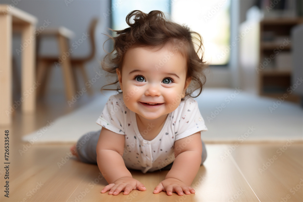 Fototapeta premium A baby sits on the floor and smiles at the camera