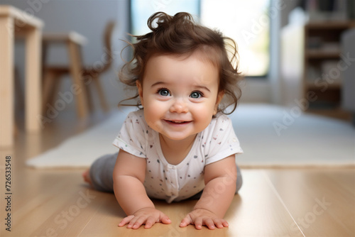 A baby sits on the floor and smiles at the camera