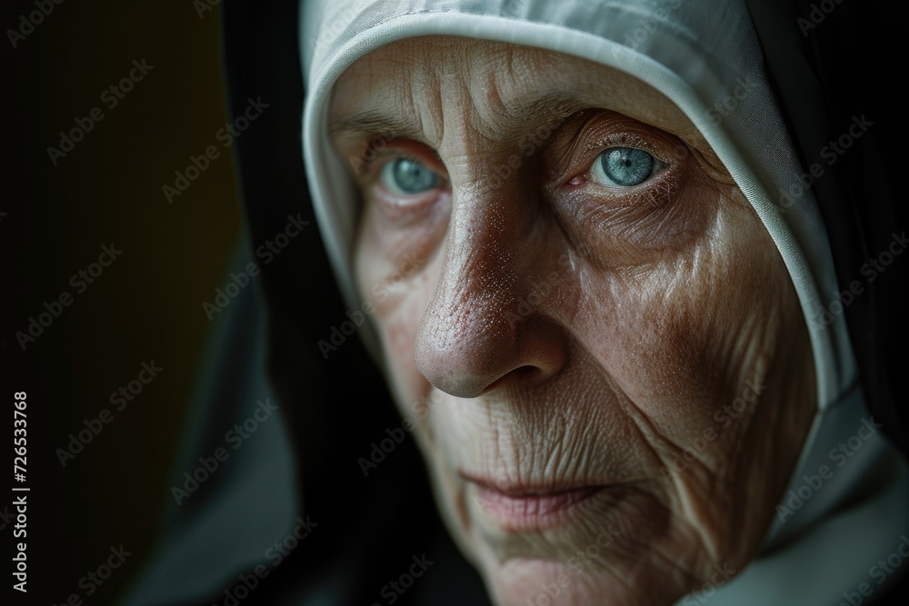 A close up view of a person wearing a traditional nun's hat. This image can be used to depict religious themes or as a symbol of devotion and spirituality A close up view of a person wearing a traditional nun's hat. This image can be used to depict religious themes or as a symbol of devotion and spirituality