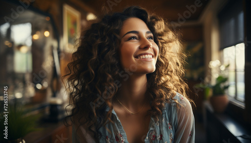 Young woman smiling, looking at camera, enjoying leisure activity indoors generated by AI