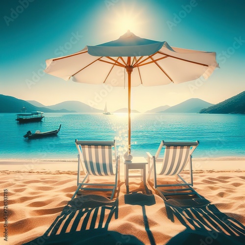 bright blue sea beach with white umbrella and beach chair for relaxing in summer in sunny day © Valentin