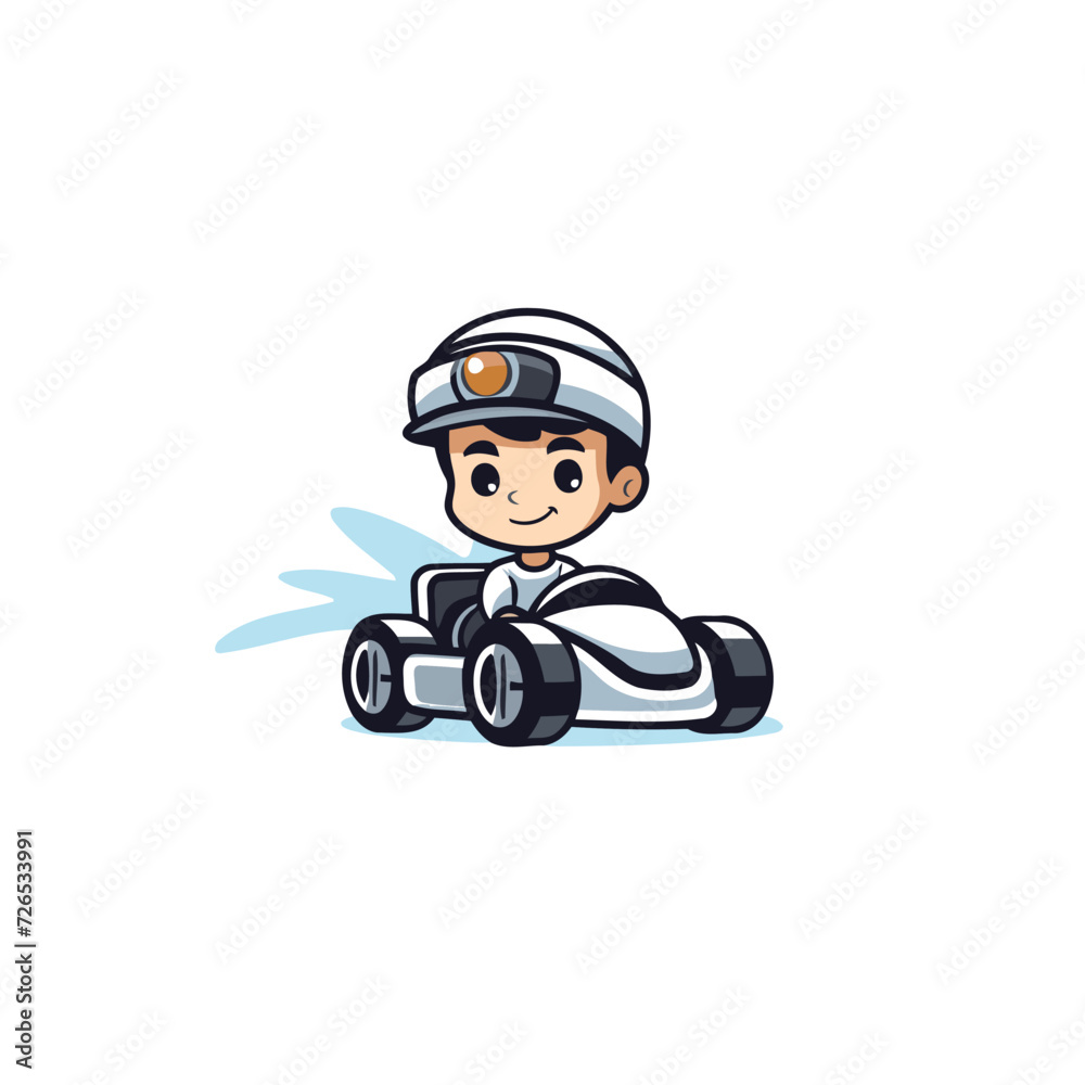 Cartoon boy driving a racing car. Vector illustration on white background.