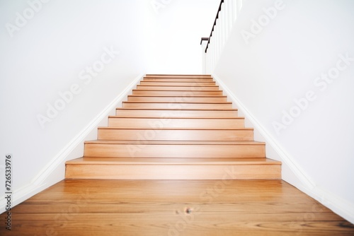 straight-lined wooden stairway against a white wall