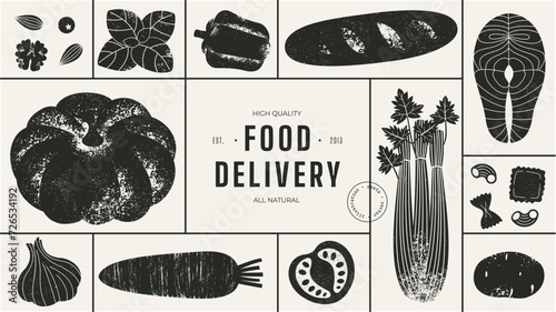 Healthy food horizontal design template. Organic vegetable collection. Vector illustration