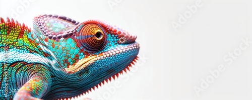 a colorful chameleon is looking at the camera from the side photo