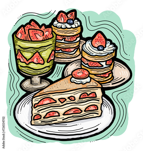 Sweet dessert cake with fruits for celebration birthday party or wedding  tasty breakfast. For cafe  restaurant menu print  postcard or poster. Hand drawn illustration. Cartoon style line art drawing.