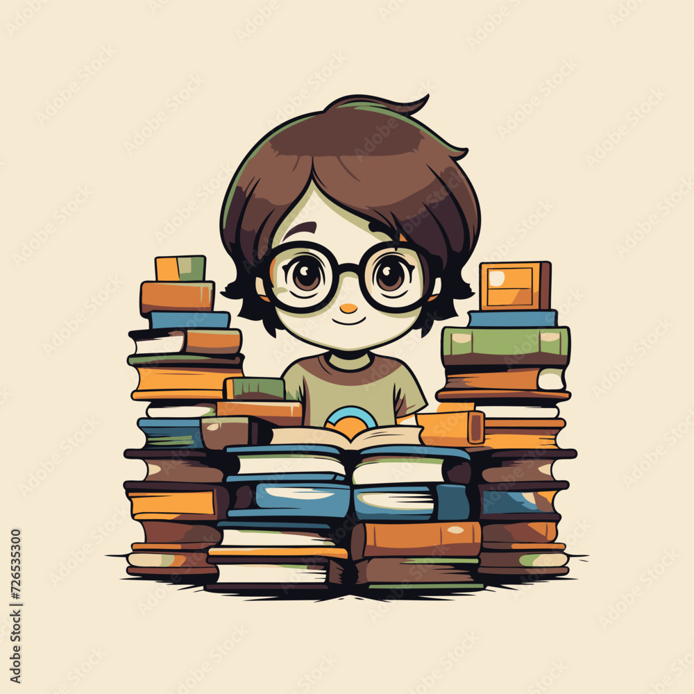 Cute cartoon girl with glasses reading a book. Vector illustration.