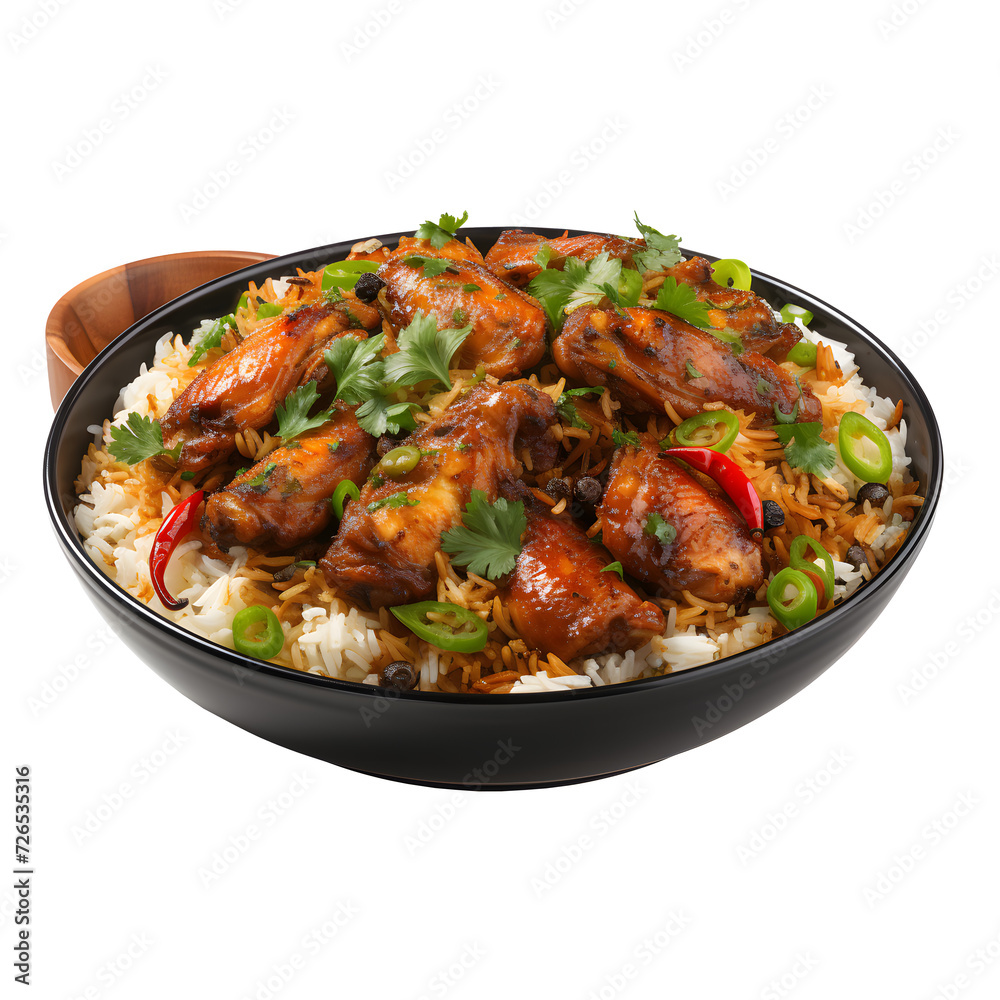 Chicken biryani with steamed basmati rice on png background. Chicken biryani with steamed basmati rice on png background.