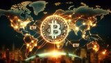 Bitcoin ETF Trends on Global Market Map, Graphical depiction of Bitcoin ETF trends across a glowing digital world map, symbolizing global market impact. Blockchain Technology mass adoption