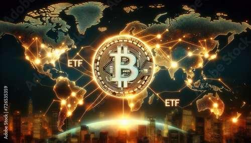 Bitcoin ETF Trends on Global Market Map, Graphical depiction of Bitcoin ETF trends across a glowing digital world map, symbolizing global market impact. Blockchain Technology mass adoption