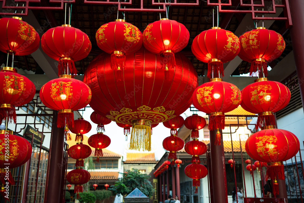 Hanging lanterns during Chinese New Year festival,select focus.