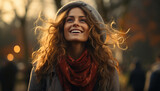 Young woman smiling, enjoying autumn outdoors, carefree and happy generated by AI